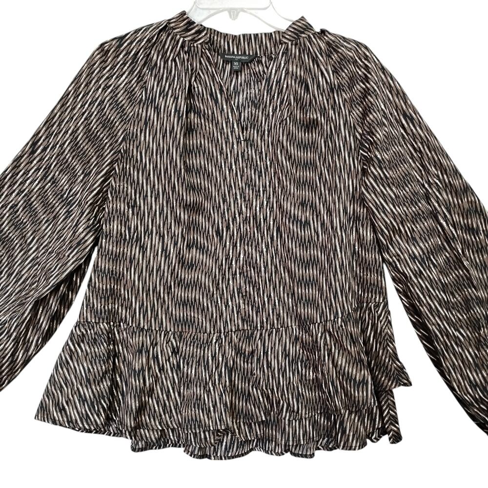 Banana Republic Tiered Blouse Brown & Black XS Long Puffy Sleeve Missing Belt - Picture 5 of 12
